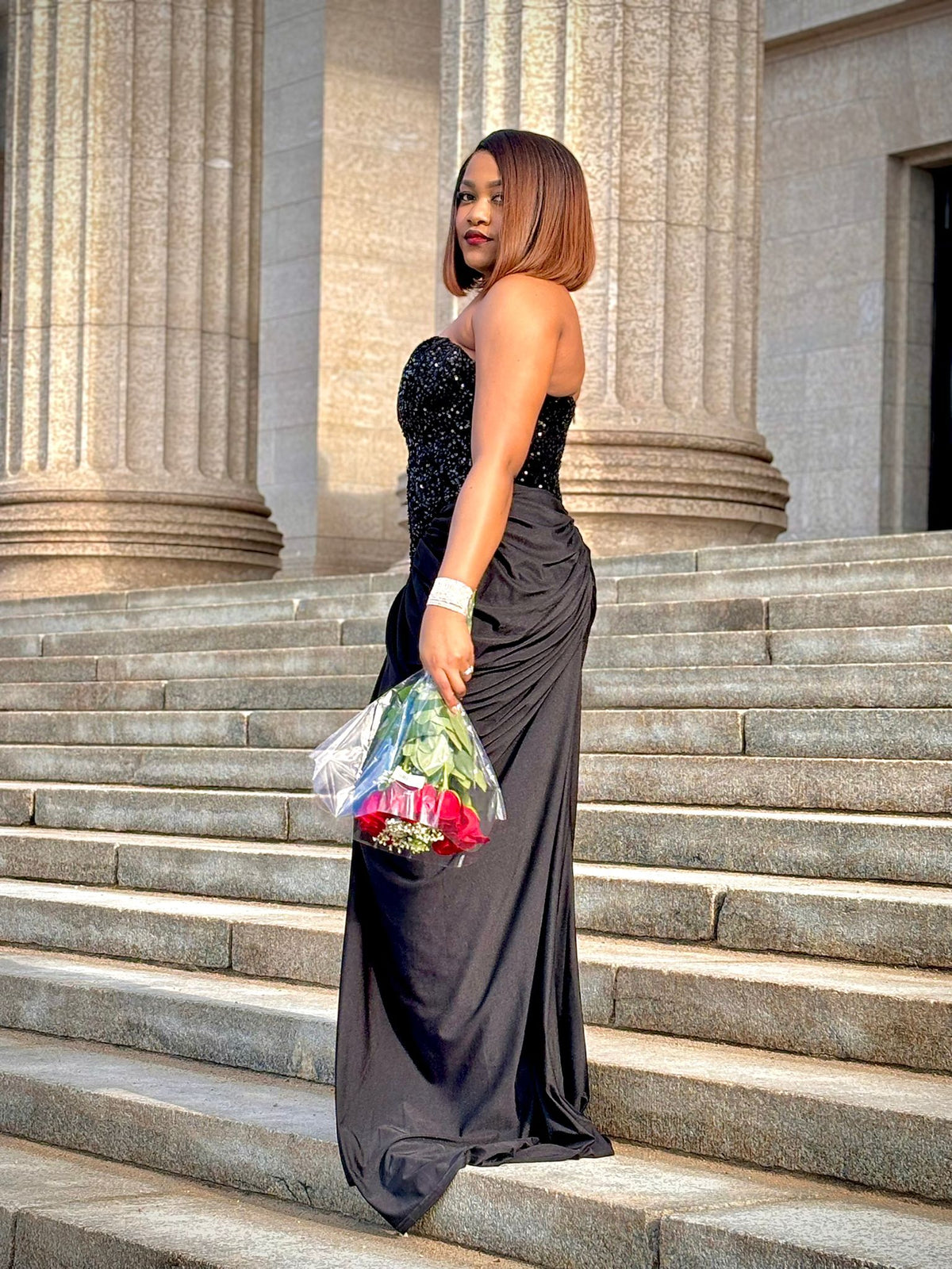 Kere wearing Luxe Asymmetric Bone Straight hair